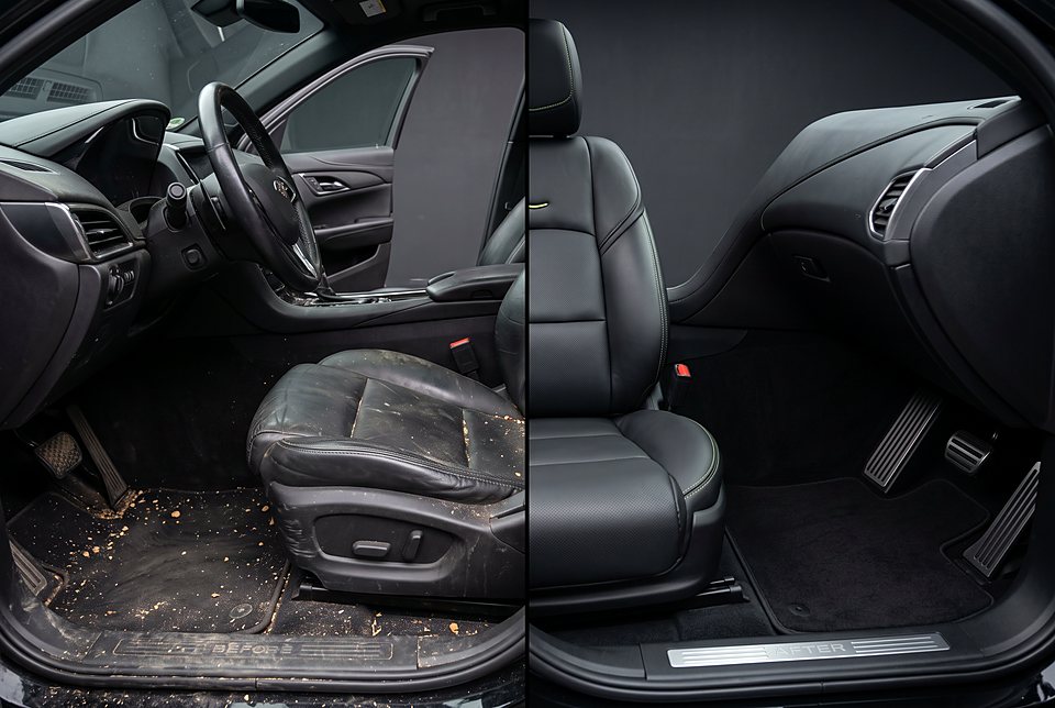 Before and after of a car seat and floor mat